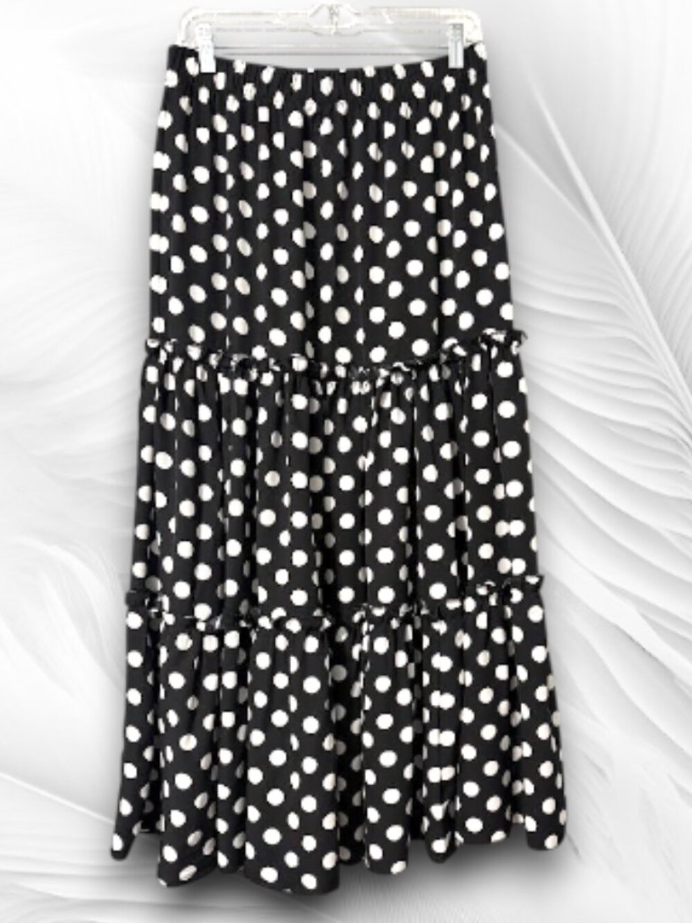 Black White Polka Dot Maxi Skirt Tiered Elastic Waist Boho Flowy Women L - Picture 2 of 6